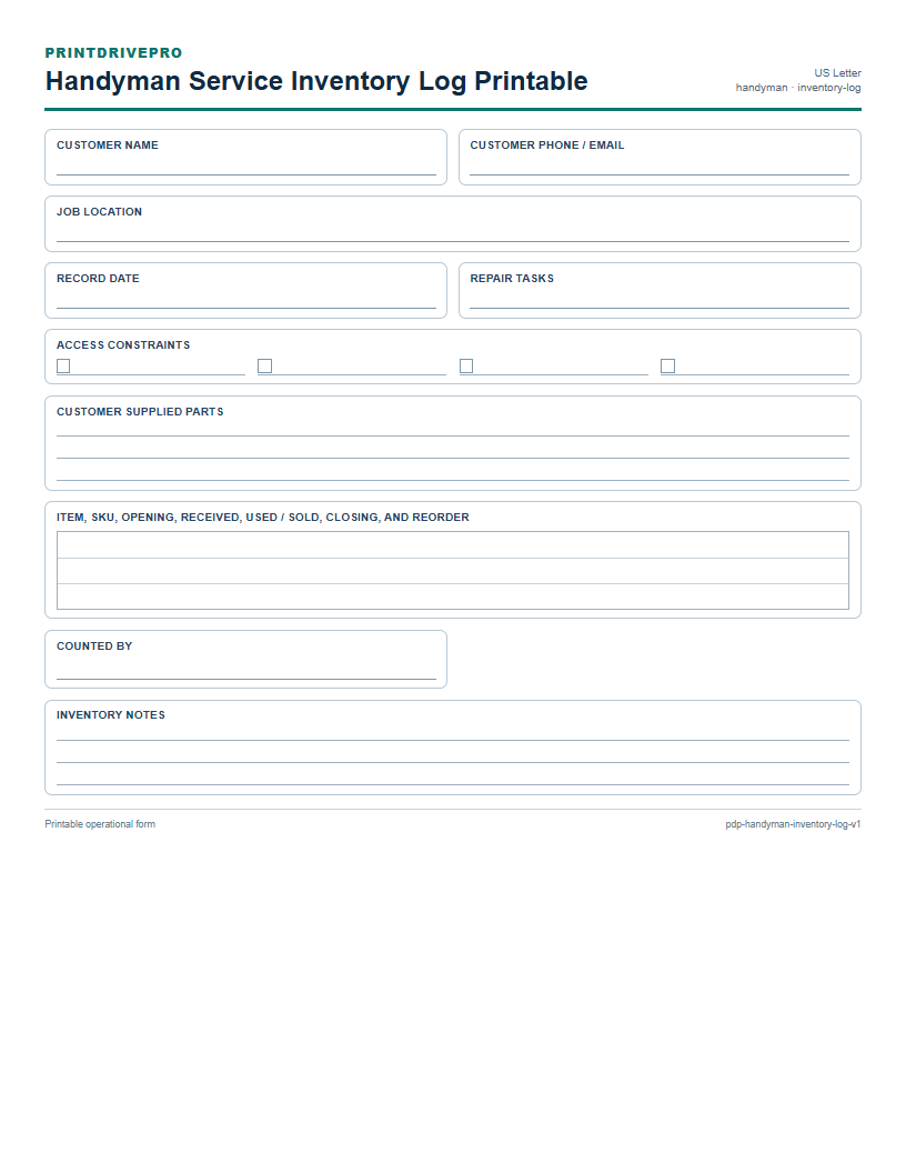 Handyman Service Inventory Log Printable preview