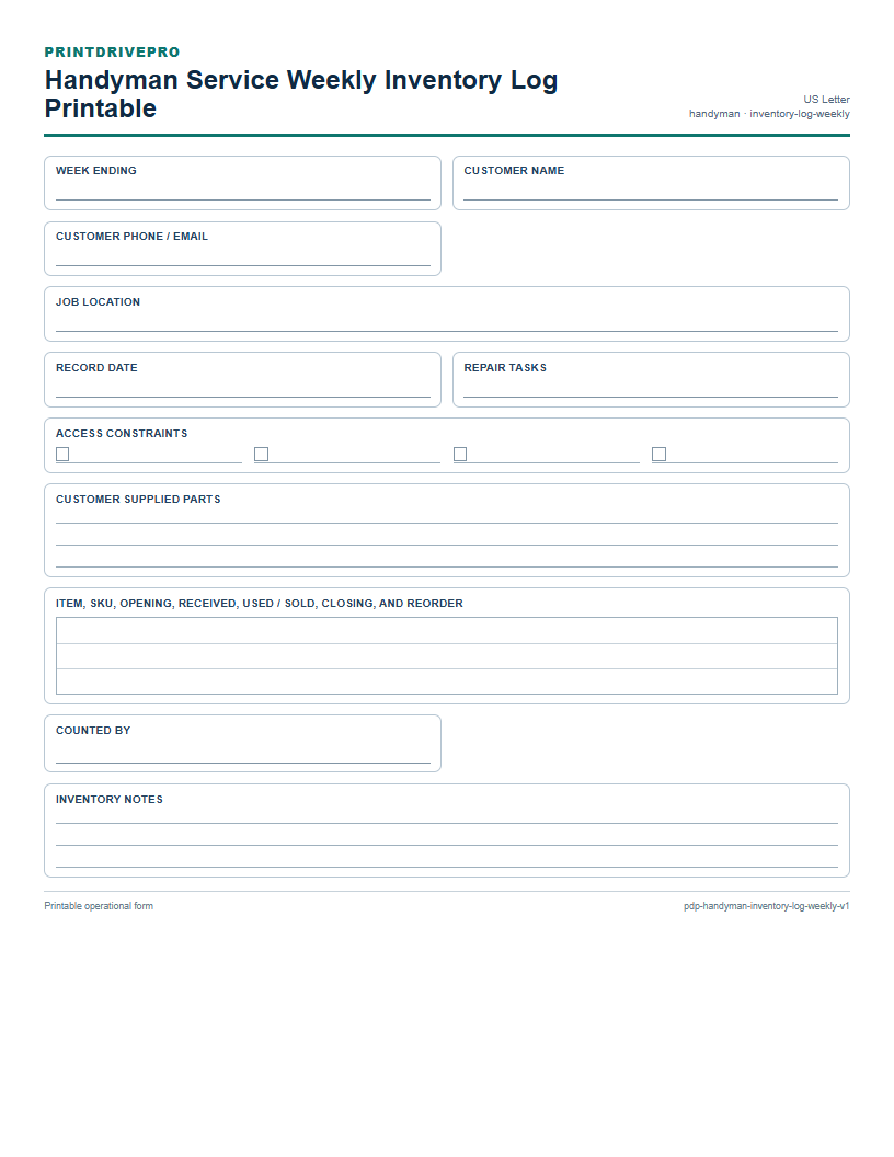 Handyman Service Weekly Inventory Log Printable preview