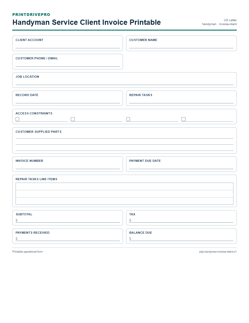 Handyman Service Client Invoice Printable preview