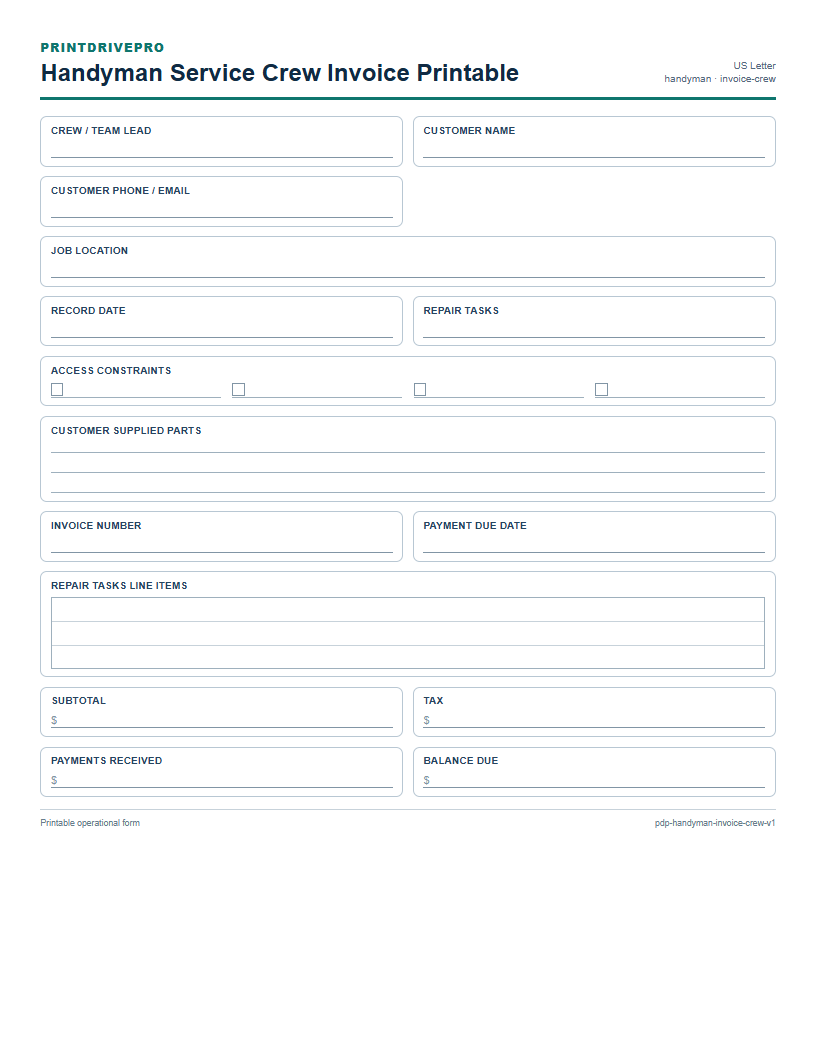 Handyman Service Crew Invoice Printable preview