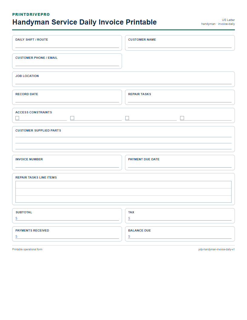 Handyman Service Daily Invoice Printable preview