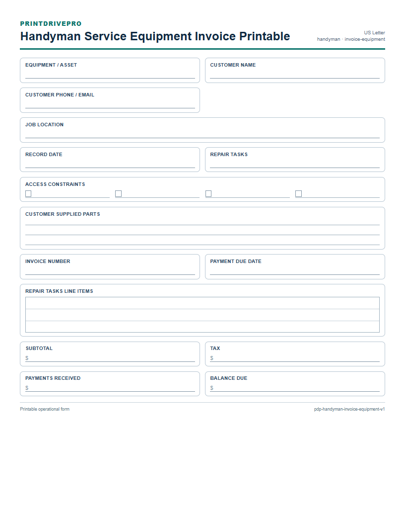 Handyman Service Equipment Invoice Printable preview