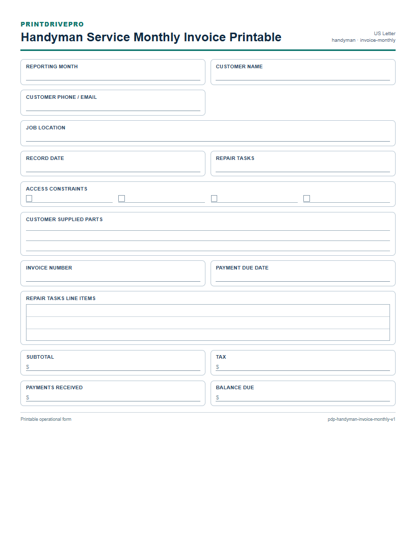 Handyman Service Monthly Invoice Printable preview