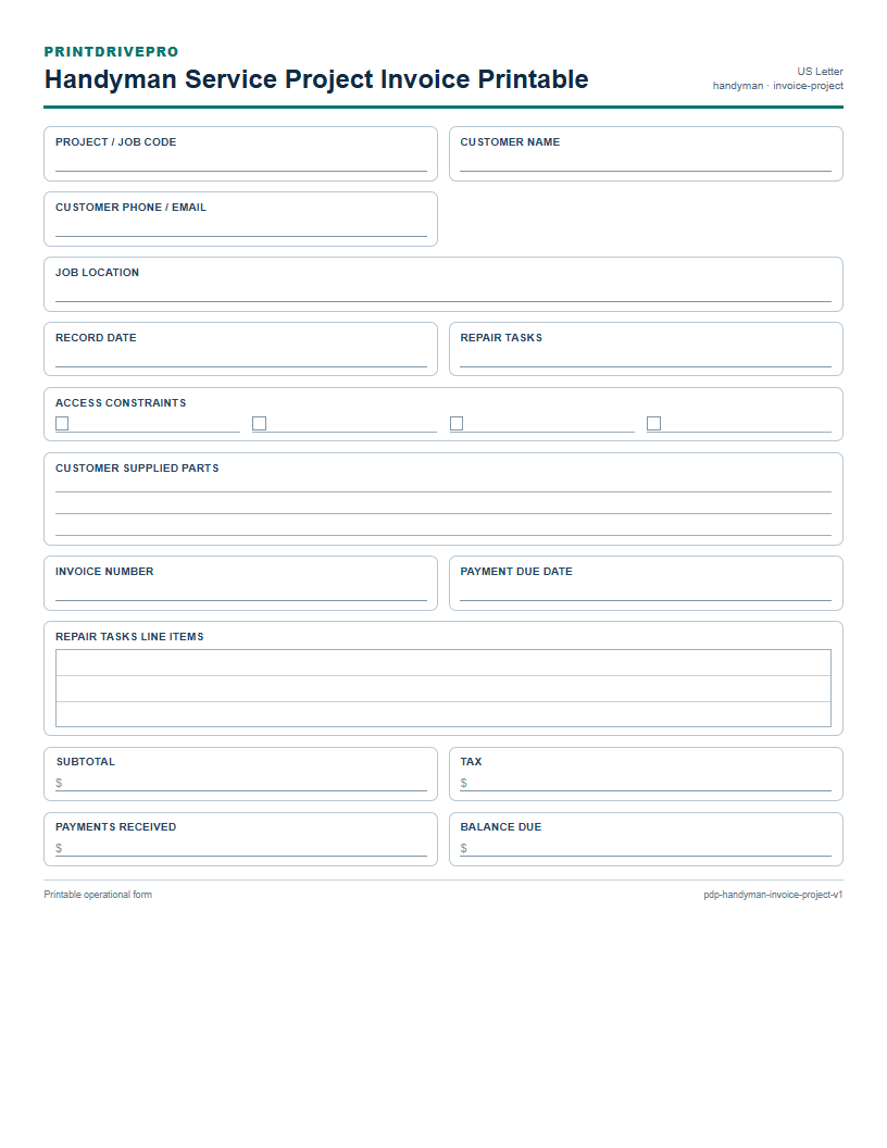 Handyman Service Project Invoice Printable preview