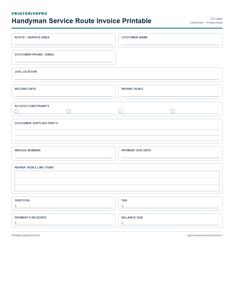 Handyman Service Route Invoice Printable preview
