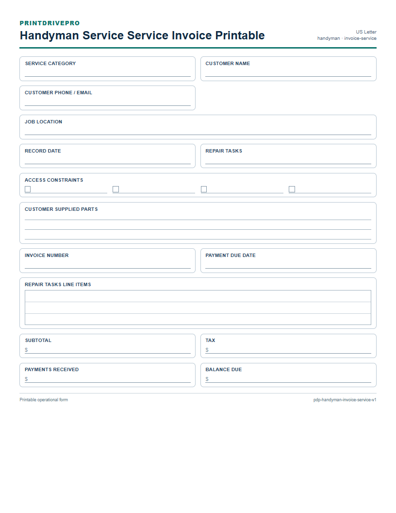 Handyman Service Service Invoice Printable preview