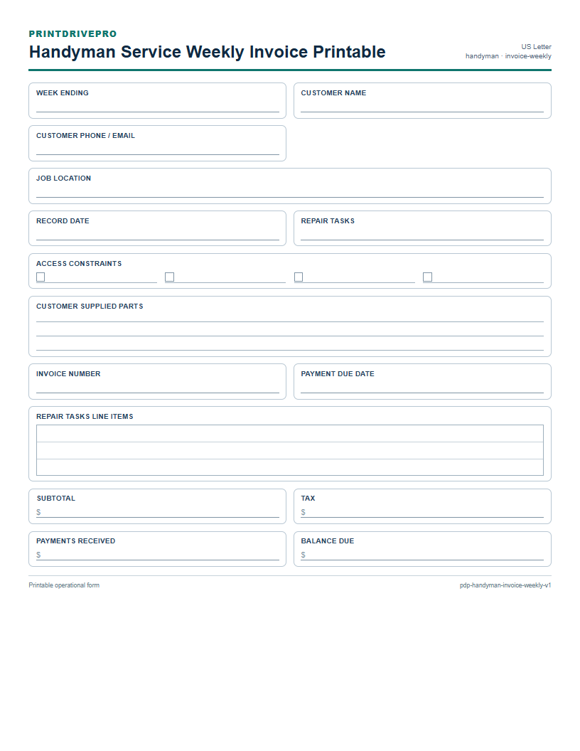 Handyman Service Weekly Invoice Printable preview