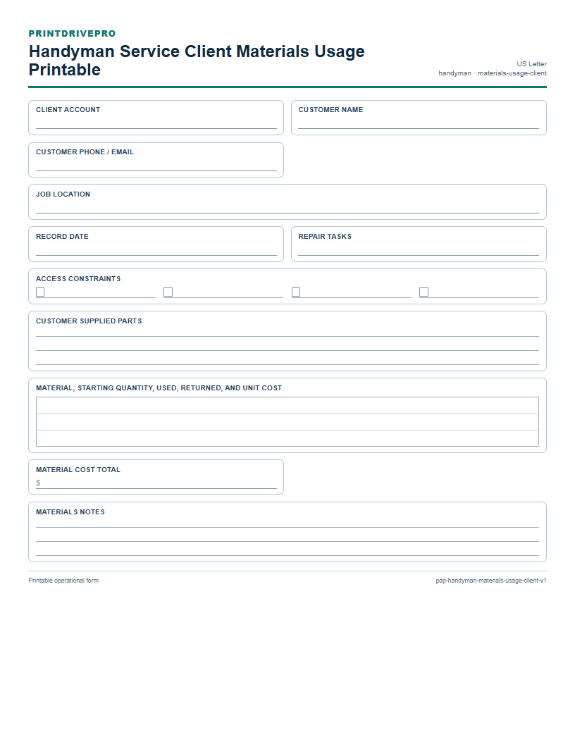 Handyman Service Client Materials Usage Printable preview