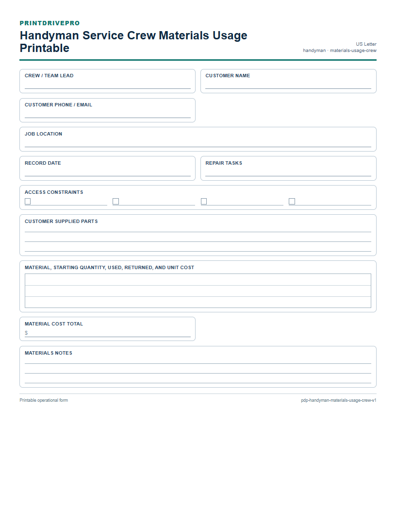 Handyman Service Crew Materials Usage Printable preview
