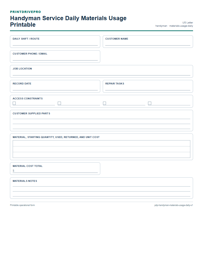 Handyman Service Daily Materials Usage Printable preview