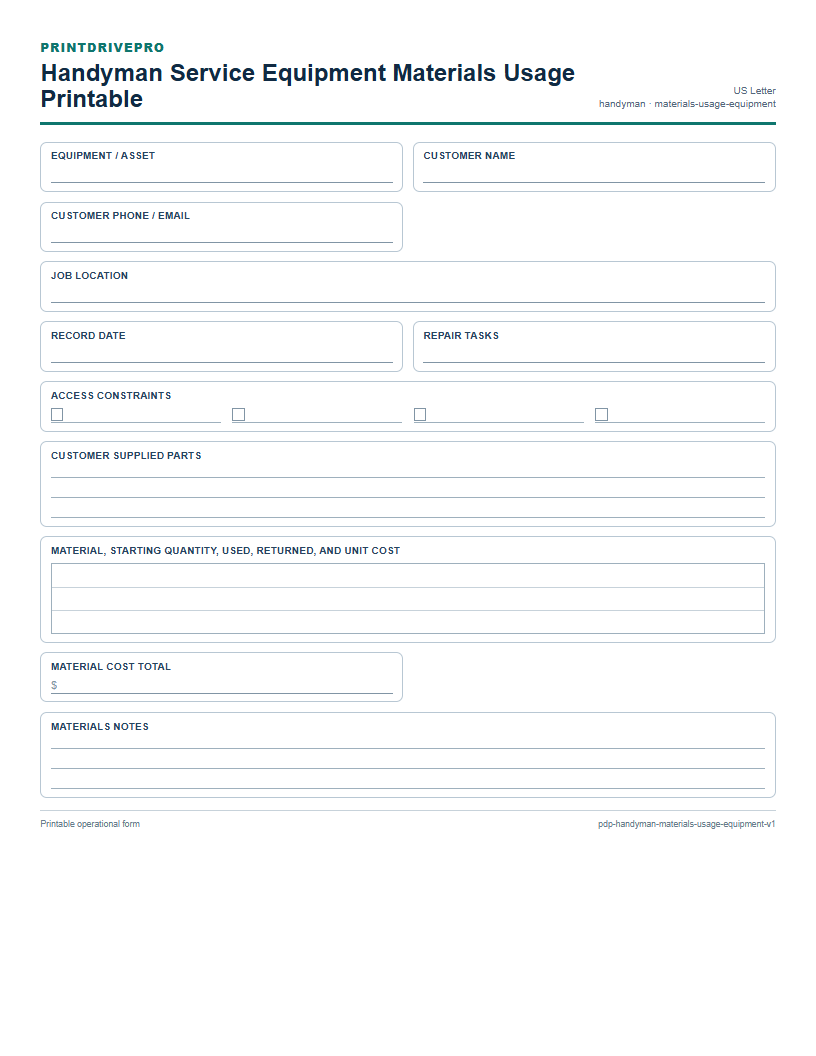 Handyman Service Equipment Materials Usage Printable preview