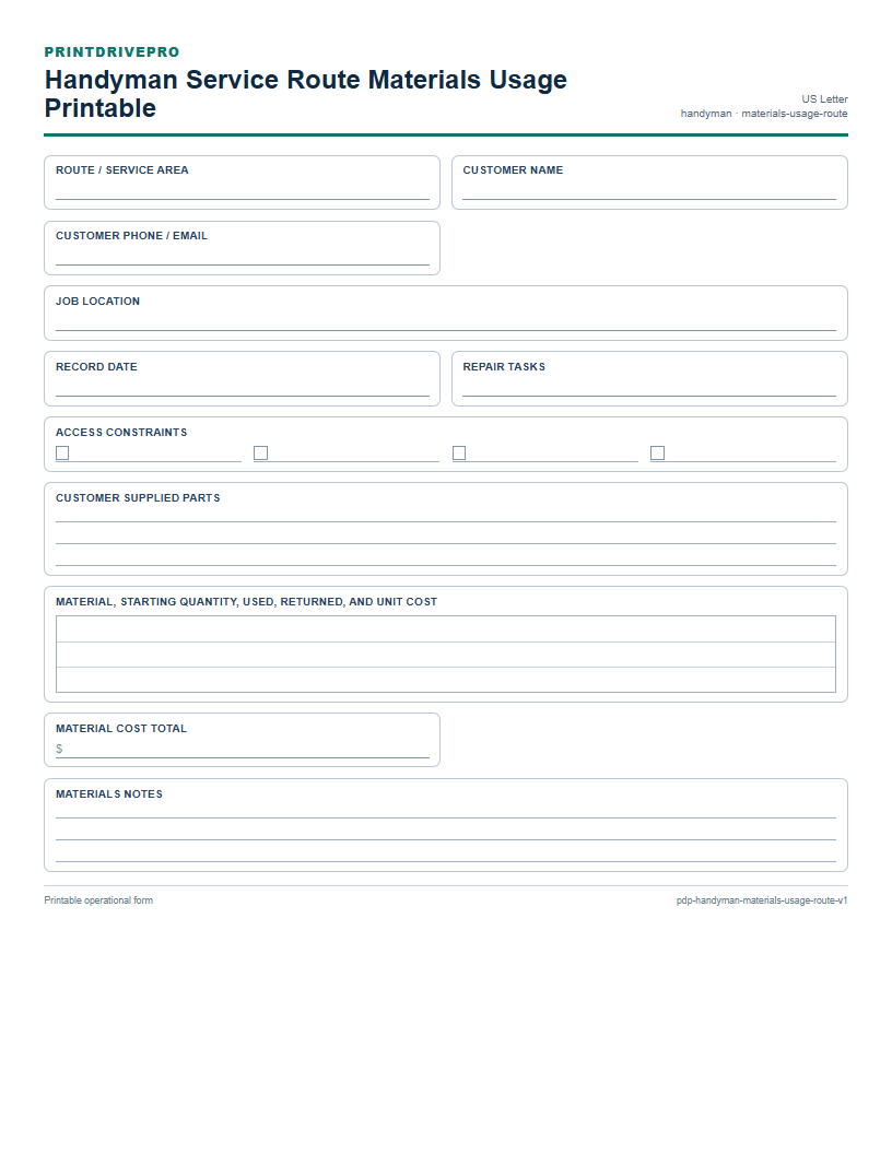 Handyman Service Route Materials Usage Printable preview