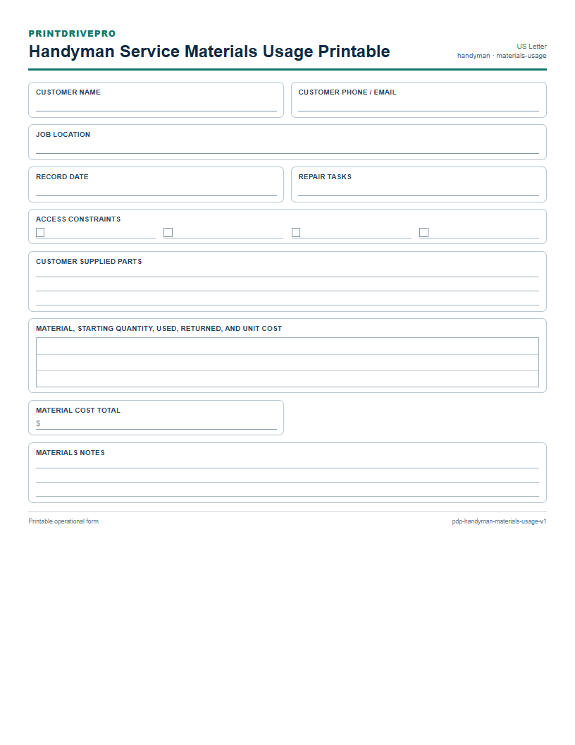 Handyman Service Materials Usage Printable preview