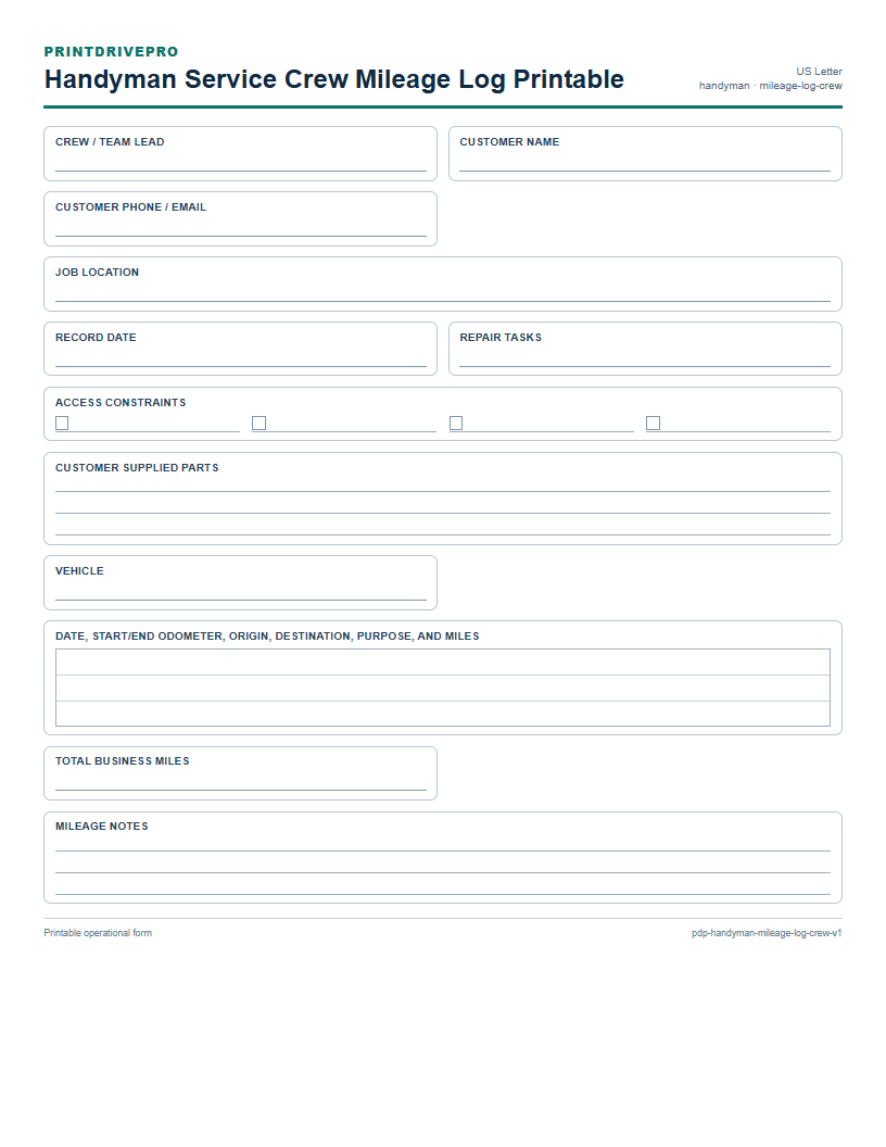 Handyman Service Crew Mileage Log Printable preview