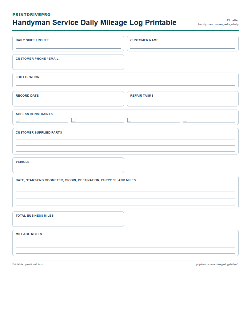 Handyman Service Daily Mileage Log Printable preview