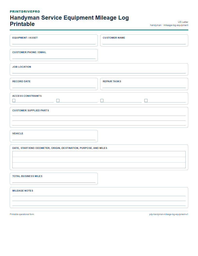 Handyman Service Equipment Mileage Log Printable preview