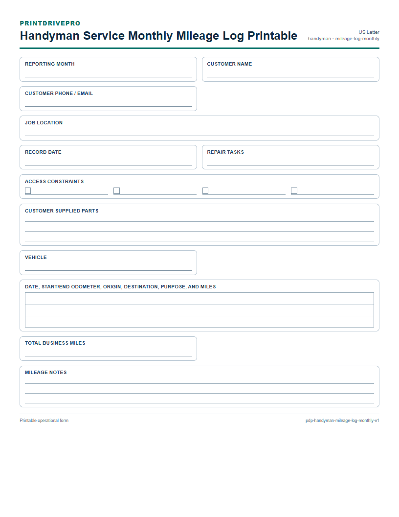 Handyman Service Monthly Mileage Log Printable preview