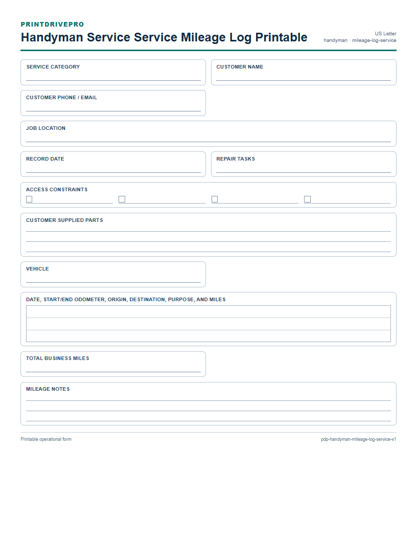 Handyman Service Service Mileage Log Printable preview