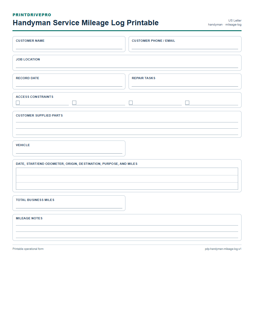Handyman Service Mileage Log Printable preview