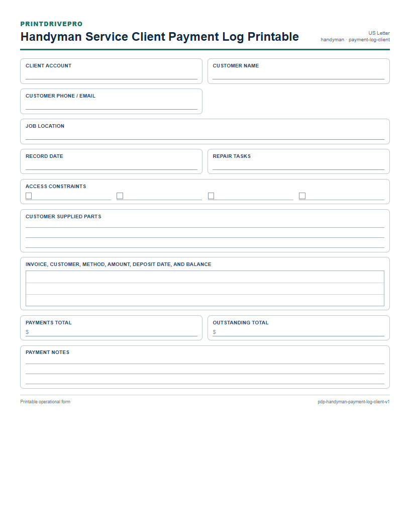 Handyman Service Client Payment Log Printable preview