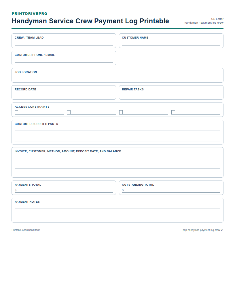 Handyman Service Crew Payment Log Printable preview