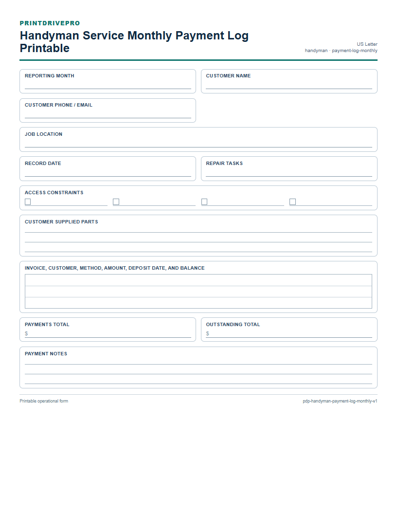 Handyman Service Monthly Payment Log Printable preview