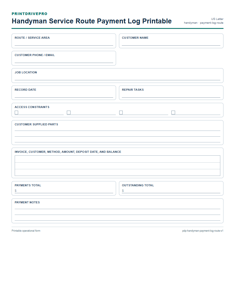 Handyman Service Route Payment Log Printable preview