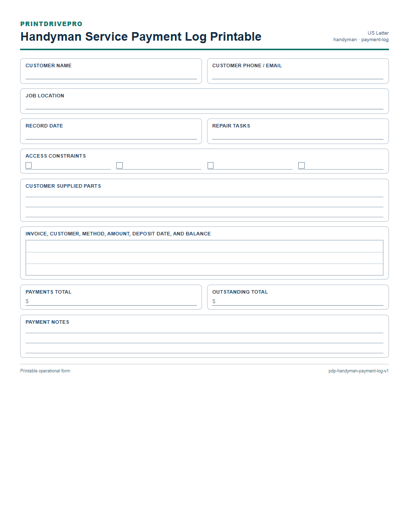 Handyman Service Payment Log Printable preview