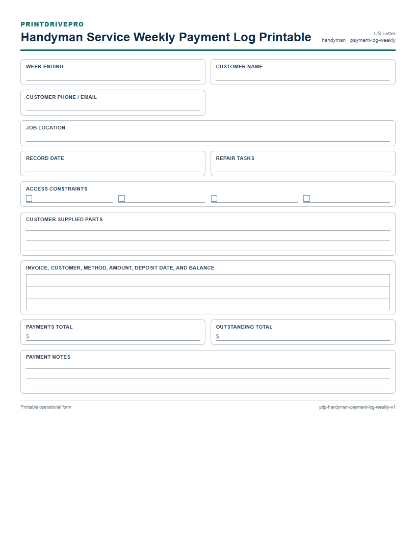Handyman Service Weekly Payment Log Printable preview