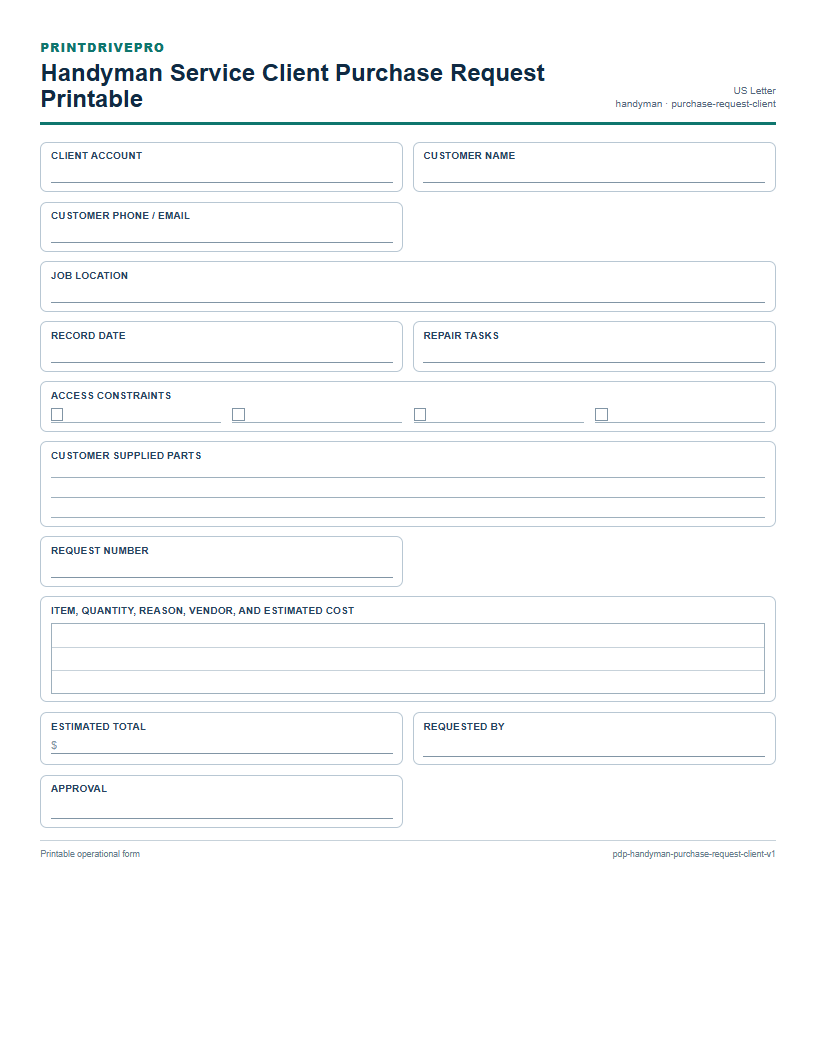 Handyman Service Client Purchase Request Printable preview