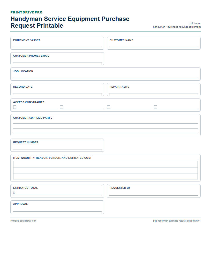 Handyman Service Equipment Purchase Request Printable preview