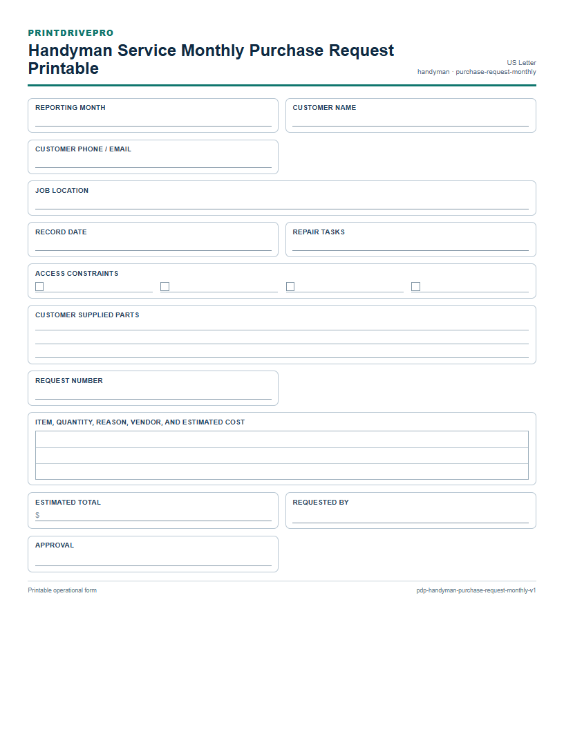 Handyman Service Monthly Purchase Request Printable preview