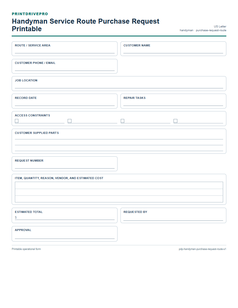Handyman Service Route Purchase Request Printable preview
