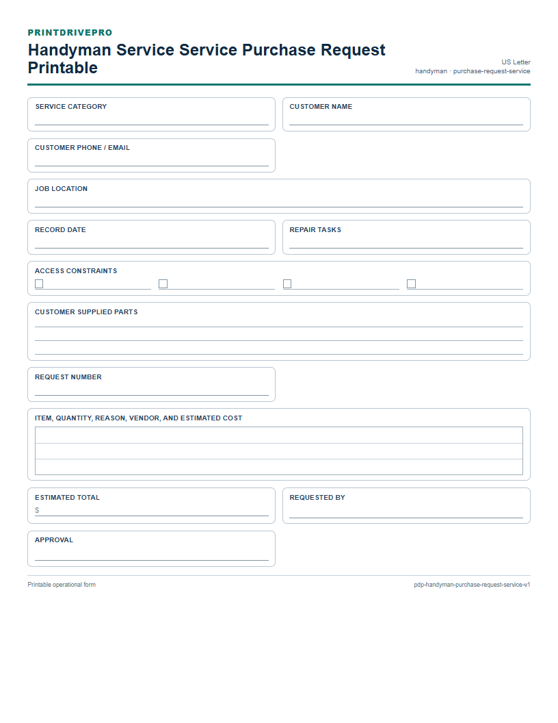 Handyman Service Service Purchase Request Printable preview