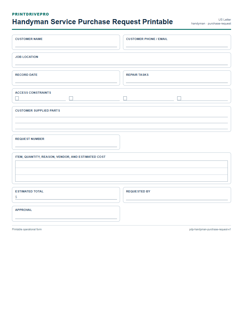 Handyman Service Purchase Request Printable preview
