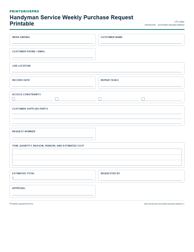 Handyman Service Weekly Purchase Request Printable preview