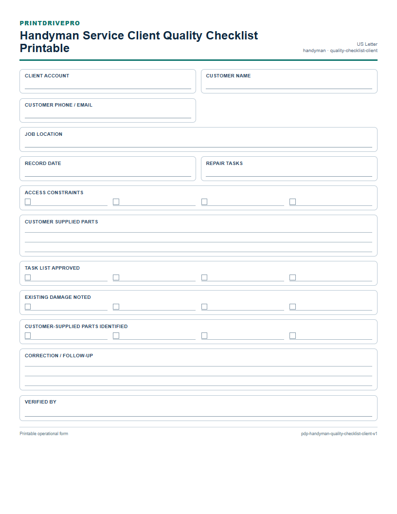 Handyman Service Client Quality Checklist Printable preview