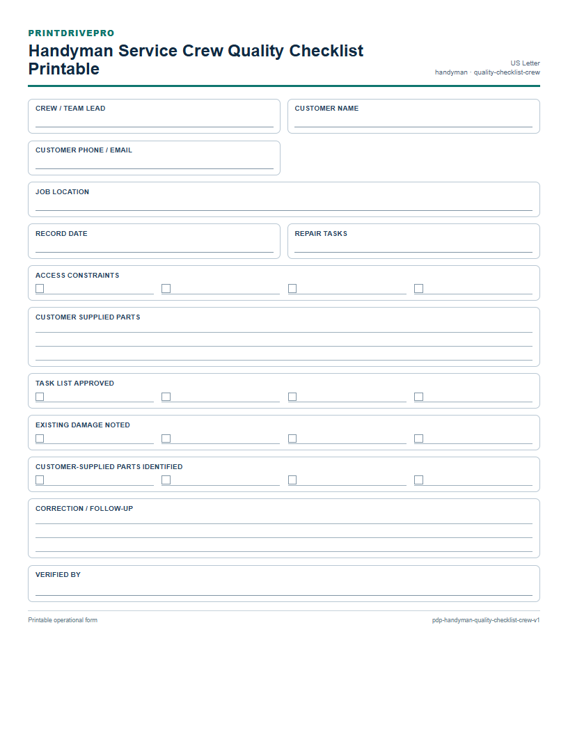 Handyman Service Crew Quality Checklist Printable preview