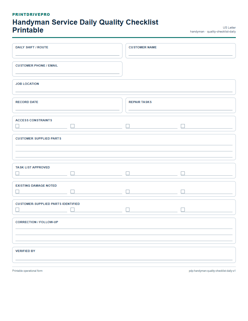 Handyman Service Daily Quality Checklist Printable preview