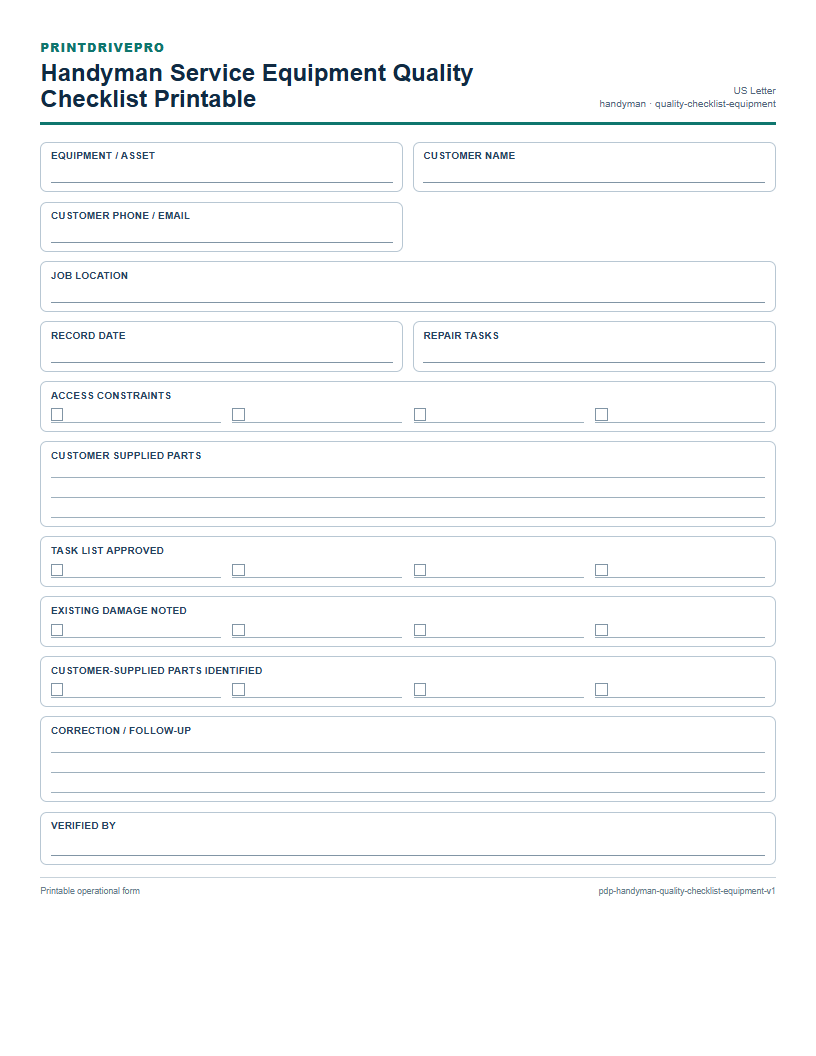 Handyman Service Equipment Quality Checklist Printable preview