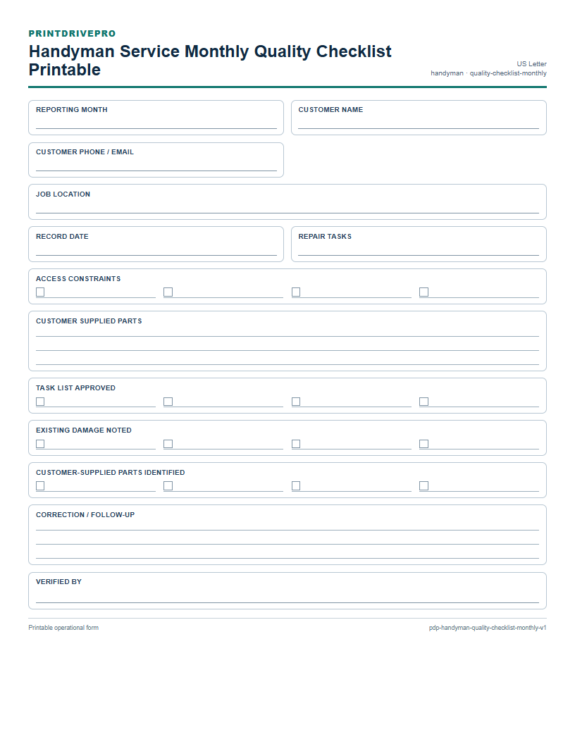 Handyman Service Monthly Quality Checklist Printable preview