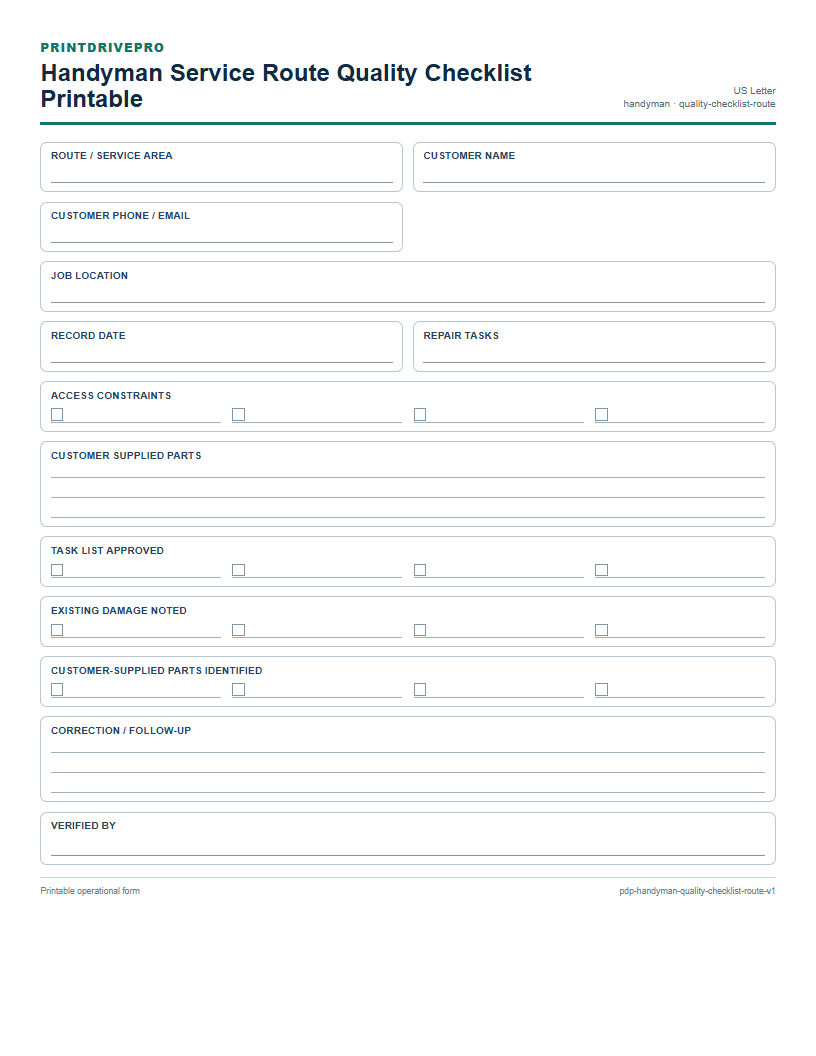 Handyman Service Route Quality Checklist Printable preview