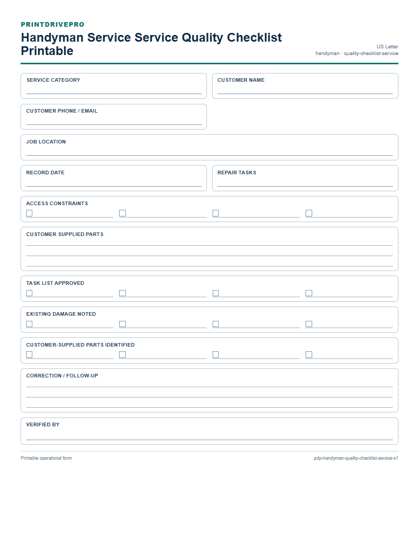Handyman Service Service Quality Checklist Printable preview