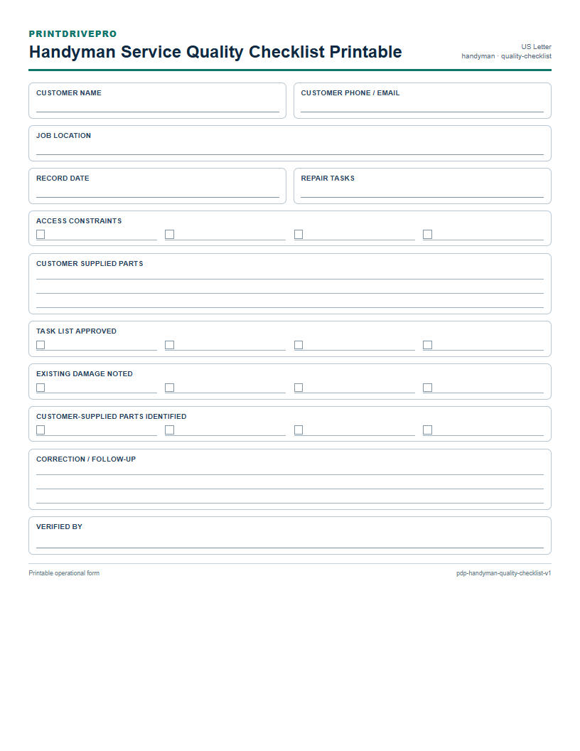 Handyman Service Quality Checklist Printable preview