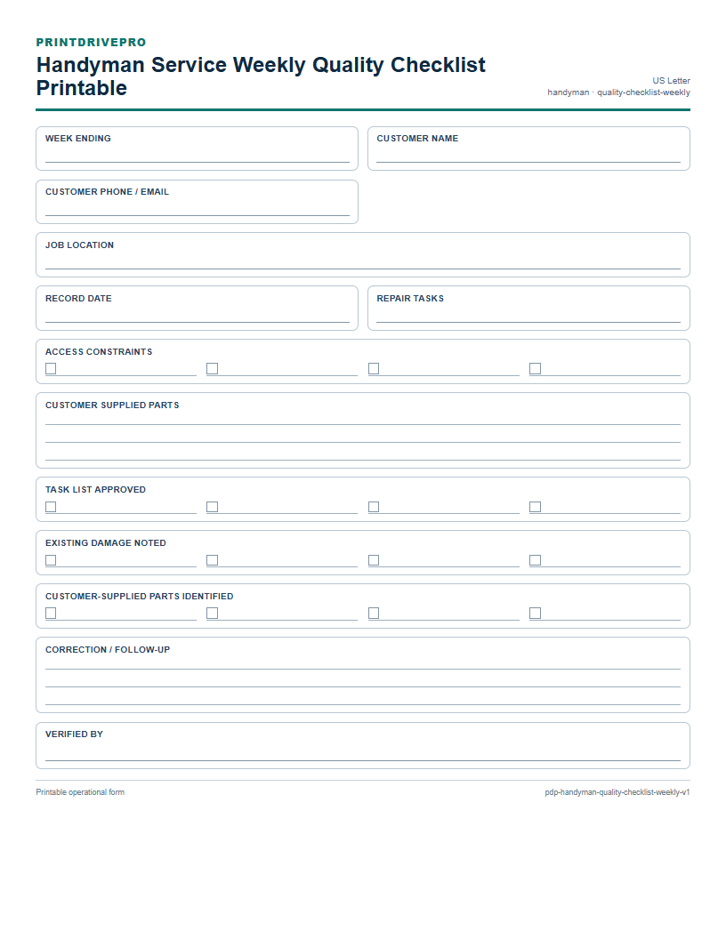 Handyman Service Weekly Quality Checklist Printable preview