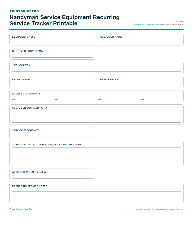 Handyman Service Equipment Recurring Service Tracker Printable preview