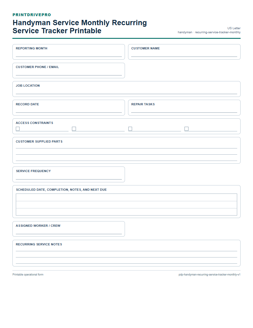 Handyman Service Monthly Recurring Service Tracker Printable preview