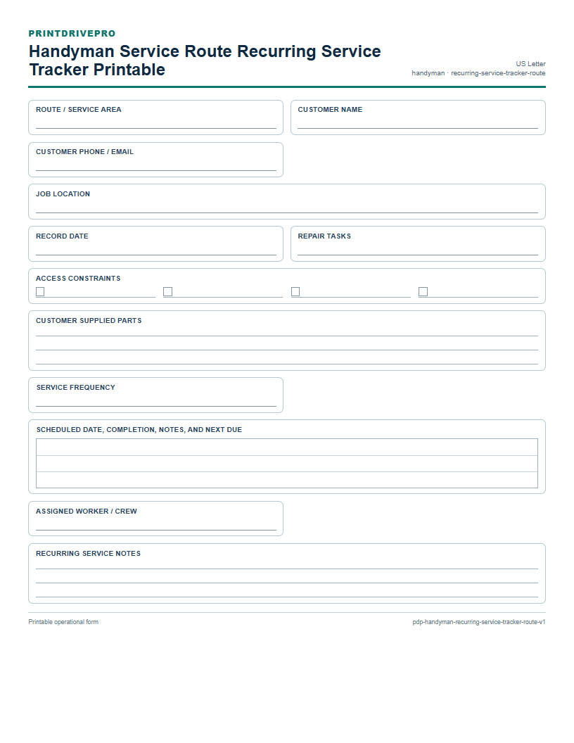 Handyman Service Route Recurring Service Tracker Printable preview
