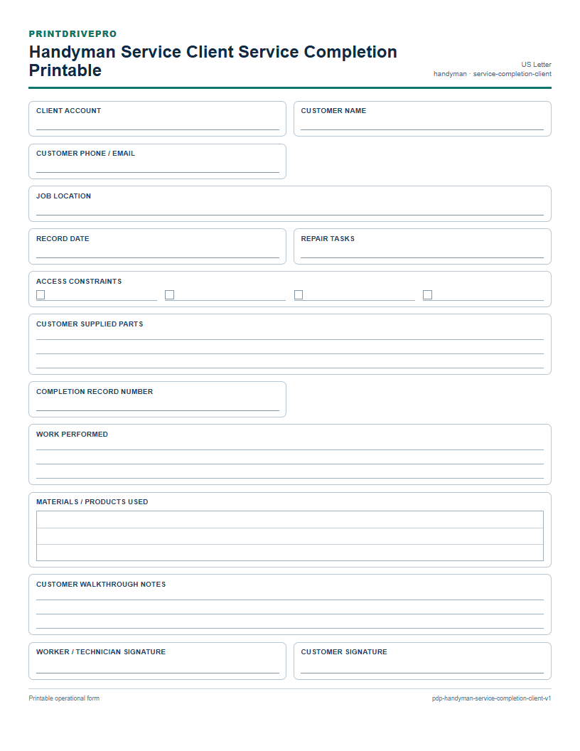 Handyman Service Client Service Completion Printable preview