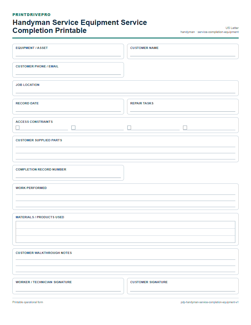 Handyman Service Equipment Service Completion Printable preview